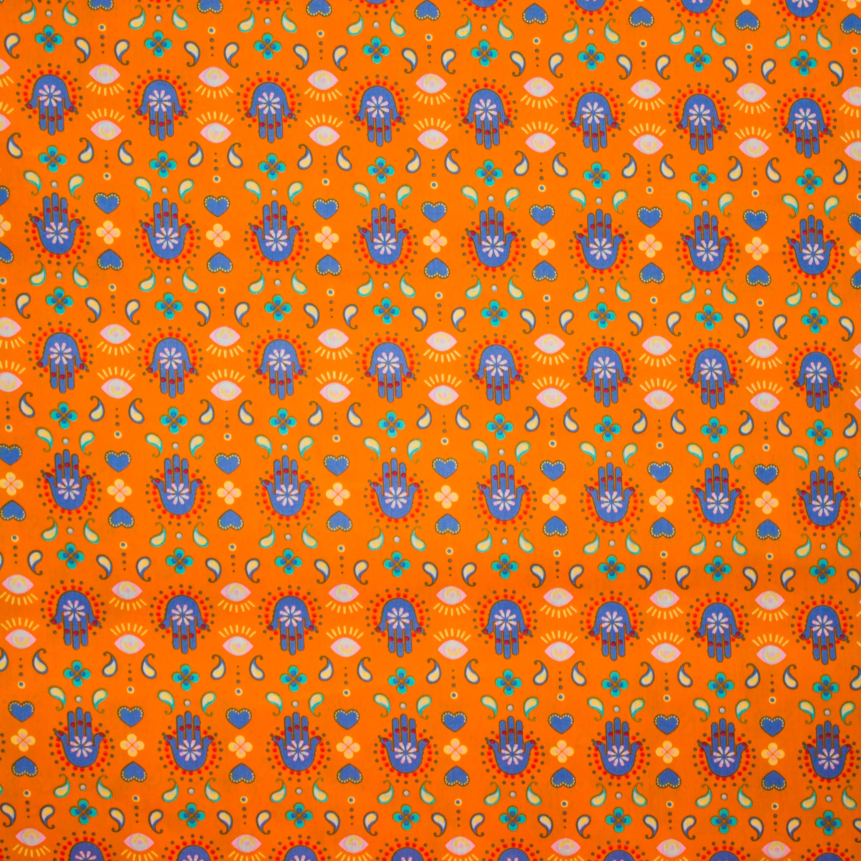 Katoen poplin oranje met blauwe Hamsa