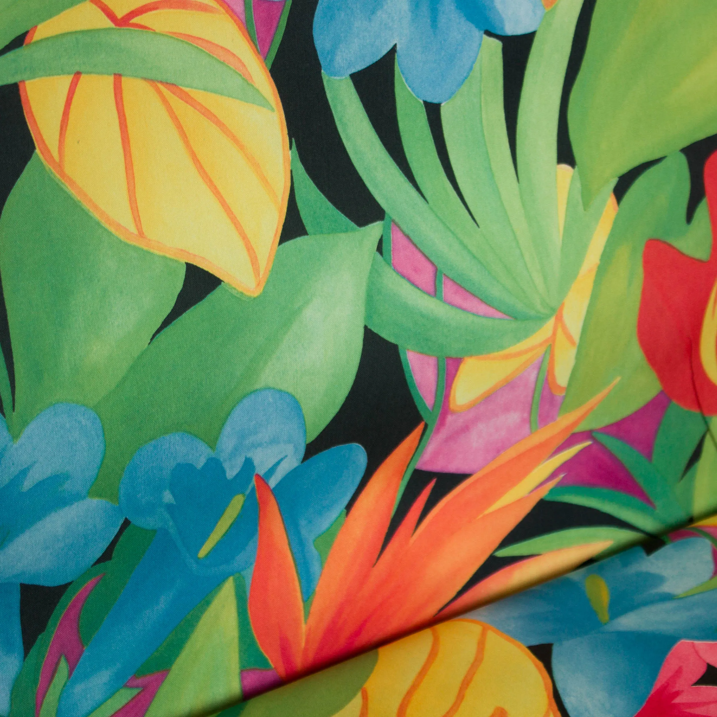 Polyester zwart met bloemen en bladeren