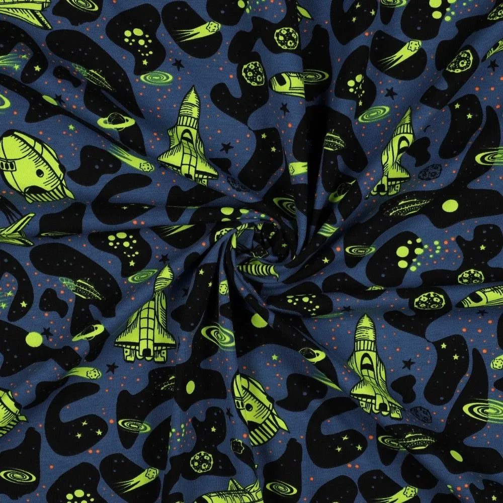 Katoen tricot blauw met neon ruimteschepen - Poppy