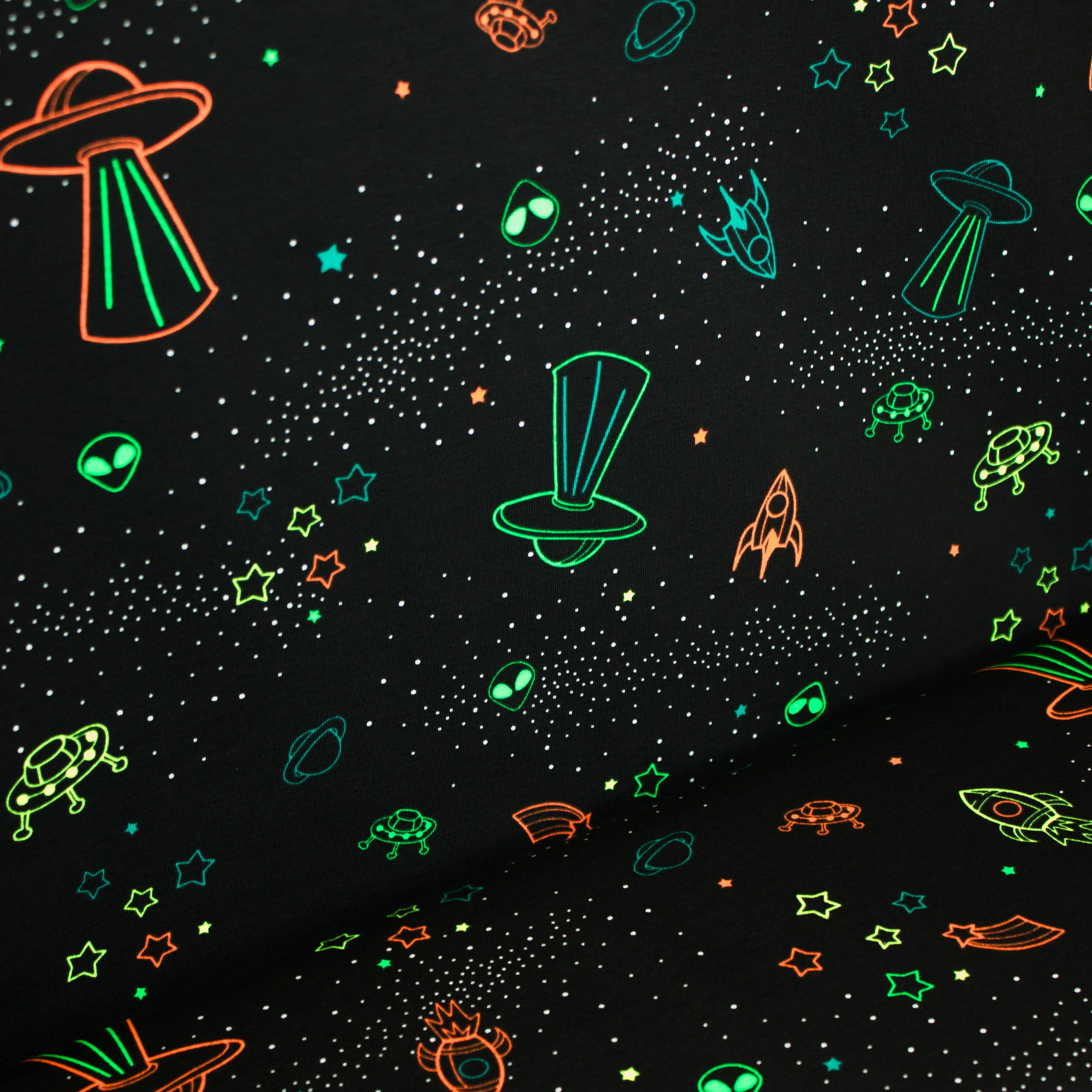 Katoen tricot zwart met neon ufo's