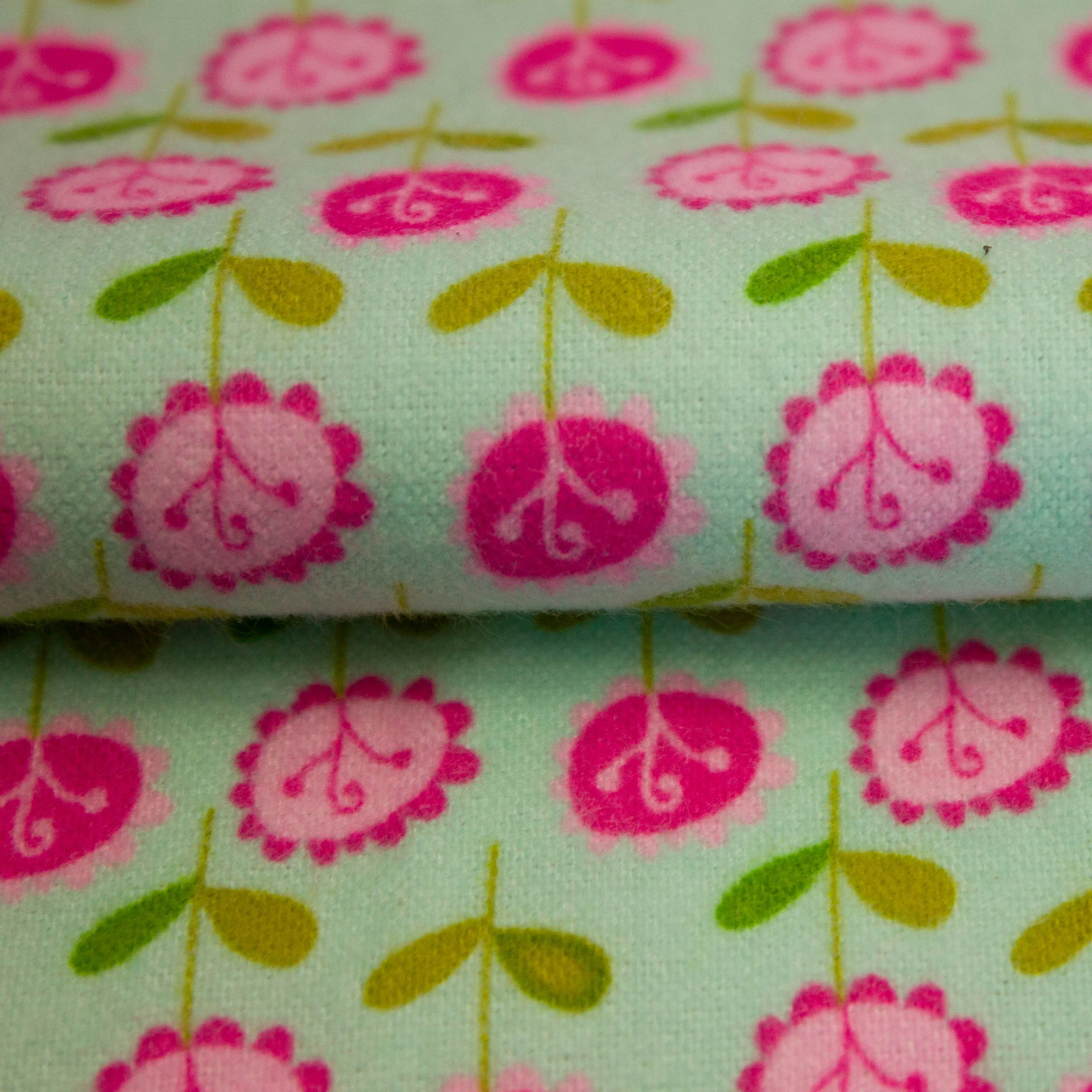 Flanel turquoise met roze bloemen