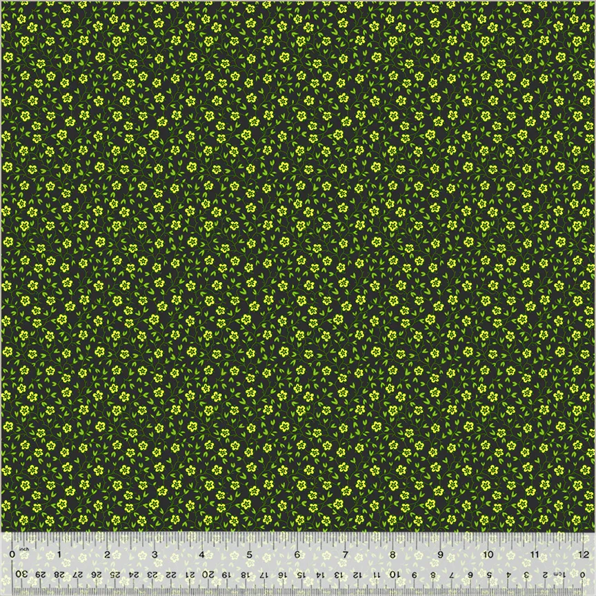 Katoen donkerblauw met groen / gele bloemen