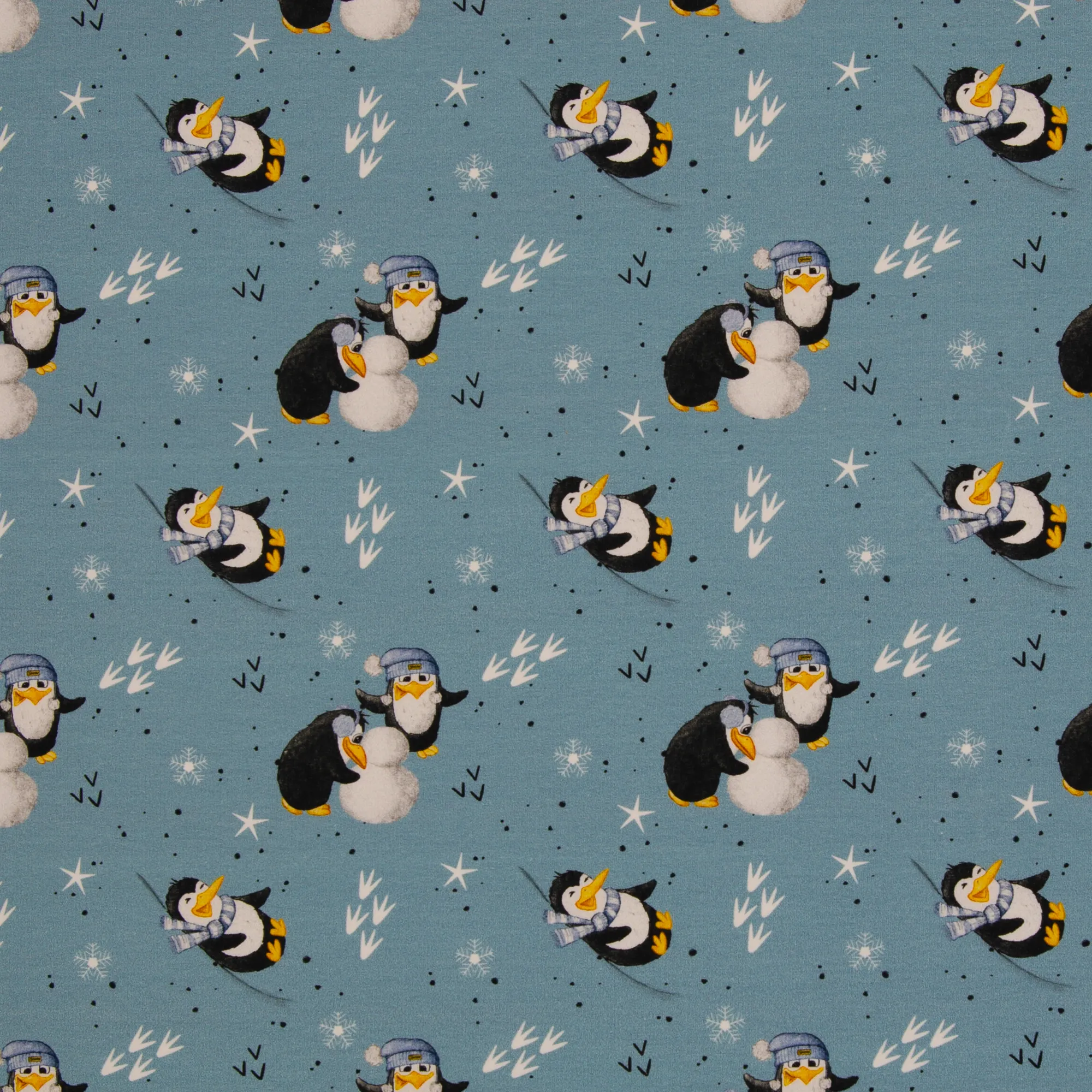 French terry blauw met pinguïns