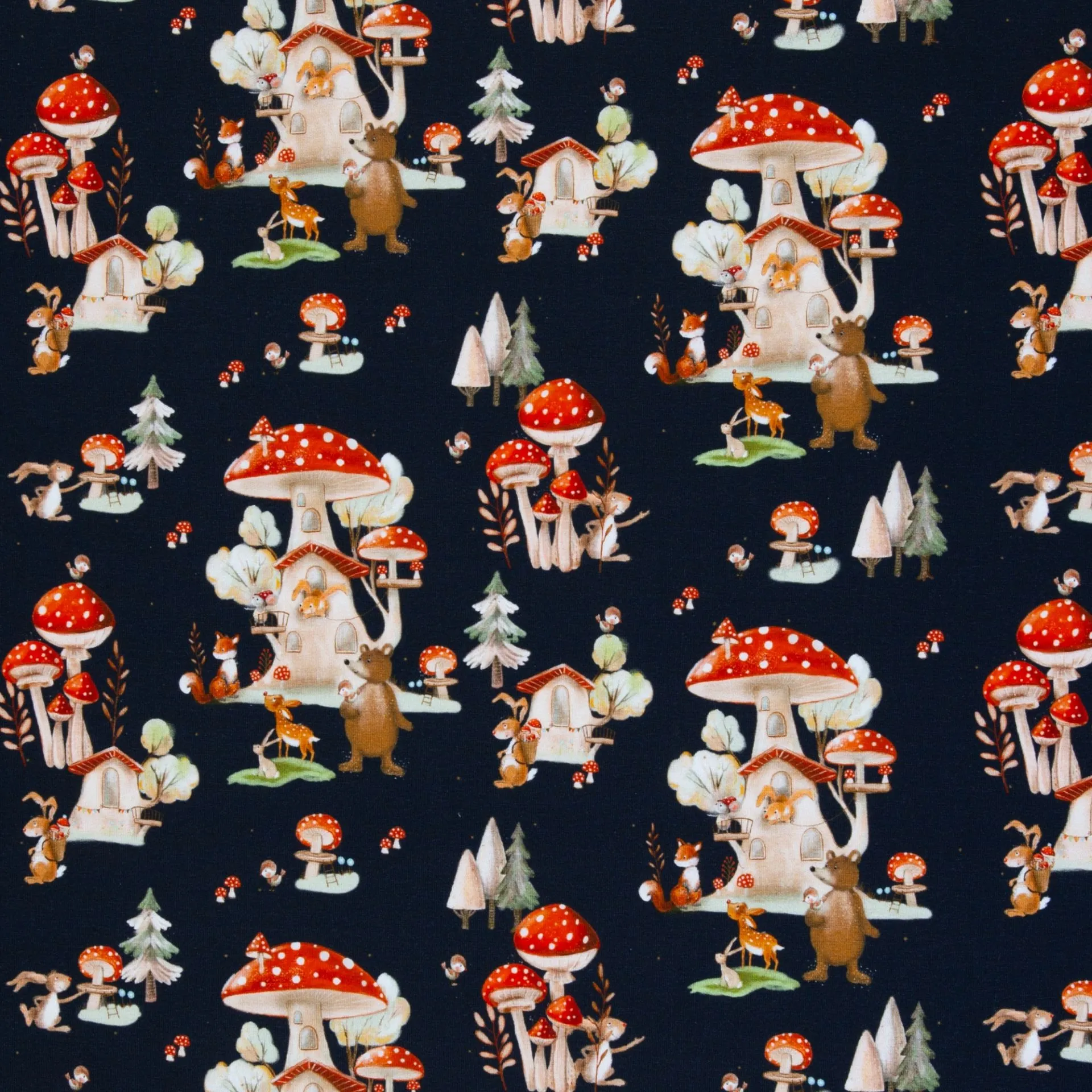 Katoen tricot zwart met paddenstoelen