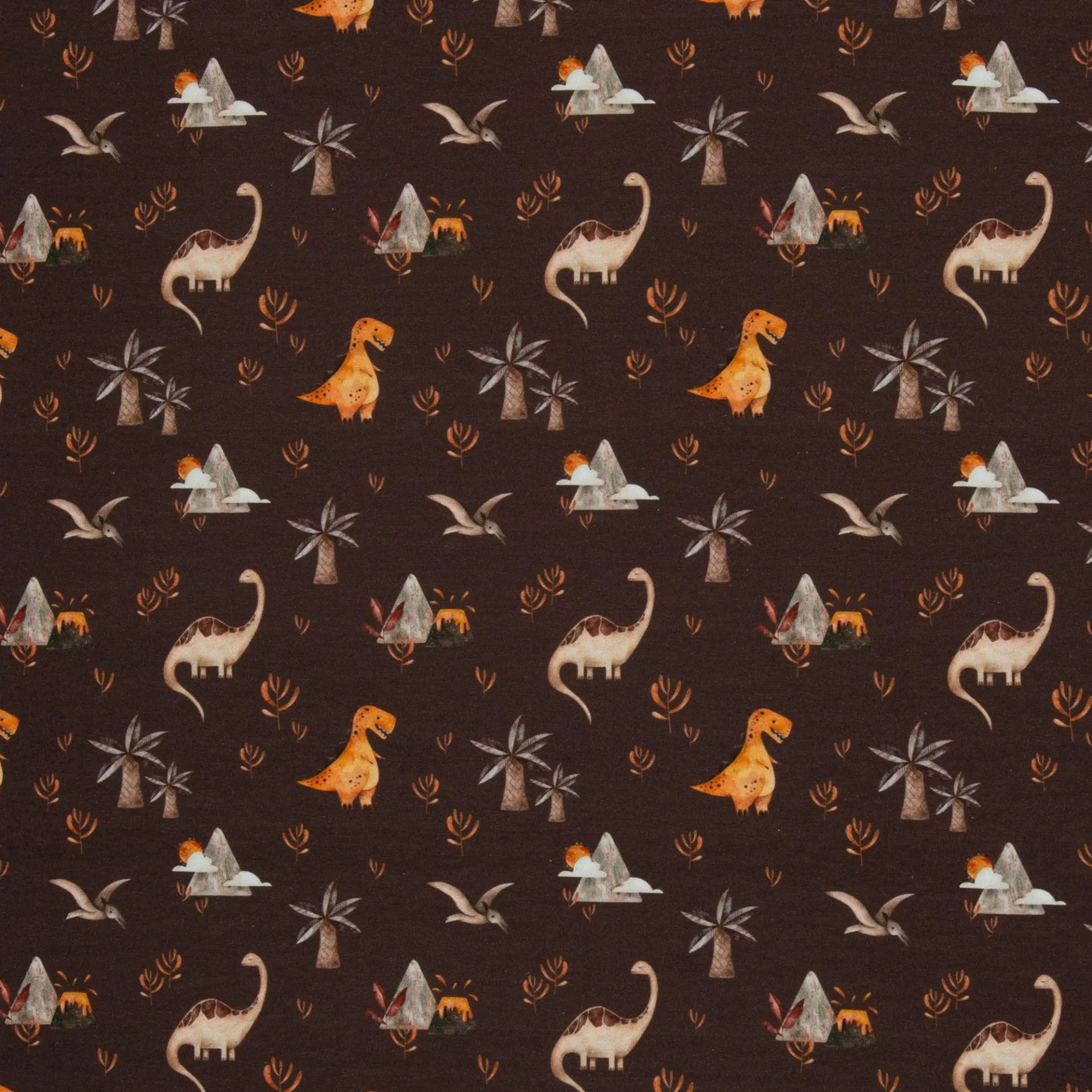 Katoen tricot donkerbruin met dino's