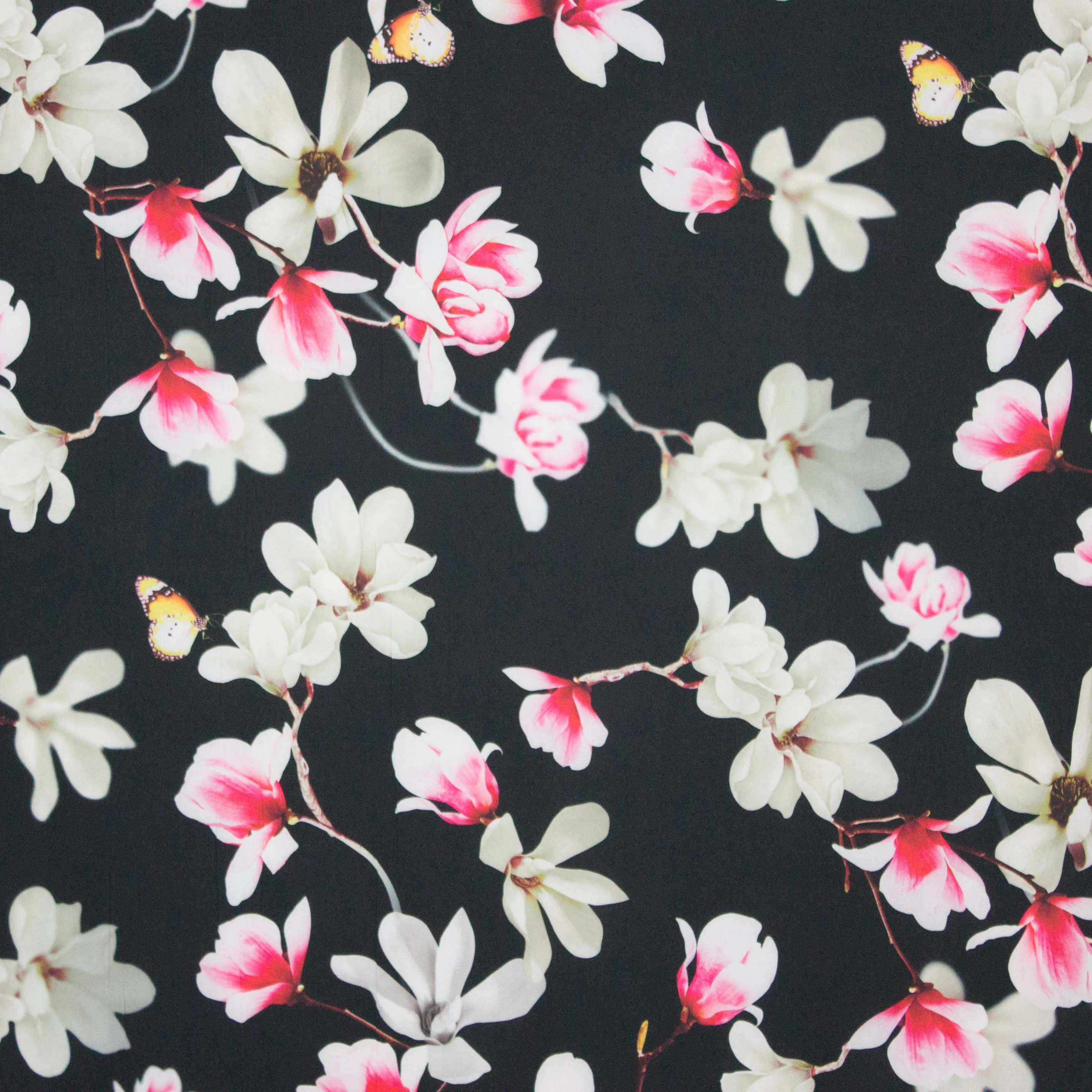 Polyester zwart magnolia motief
