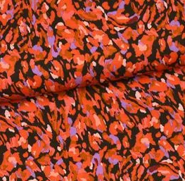 Viscose zwart met rood/paarse print
