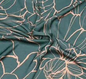 Polyester satijn blauwgroen met beige bloemen