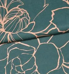Polyester satijn blauwgroen met beige bloemen