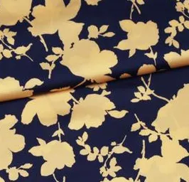 Polyester satijn donkerblauw met gele bladeren