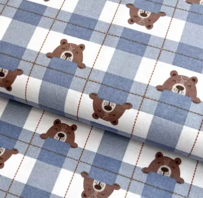 Katoen flanel blauw geruit met beertjes