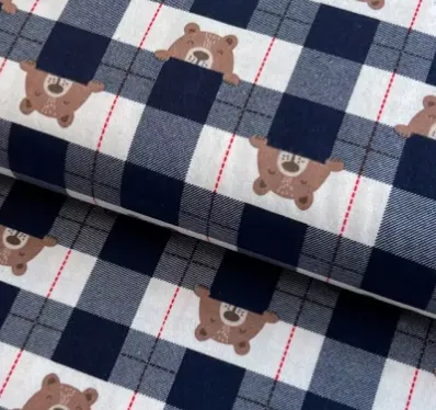 Katoen flanel donkerblauw geruit met beertjes