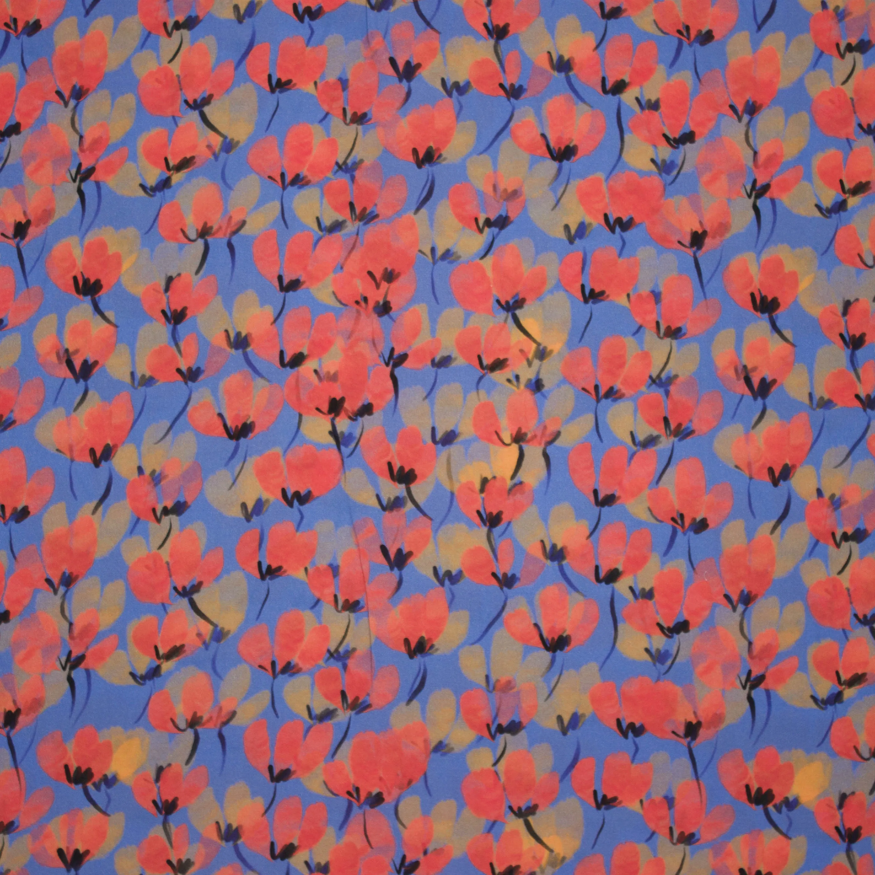 Viscose blauw met oranje en gele bloemetjes