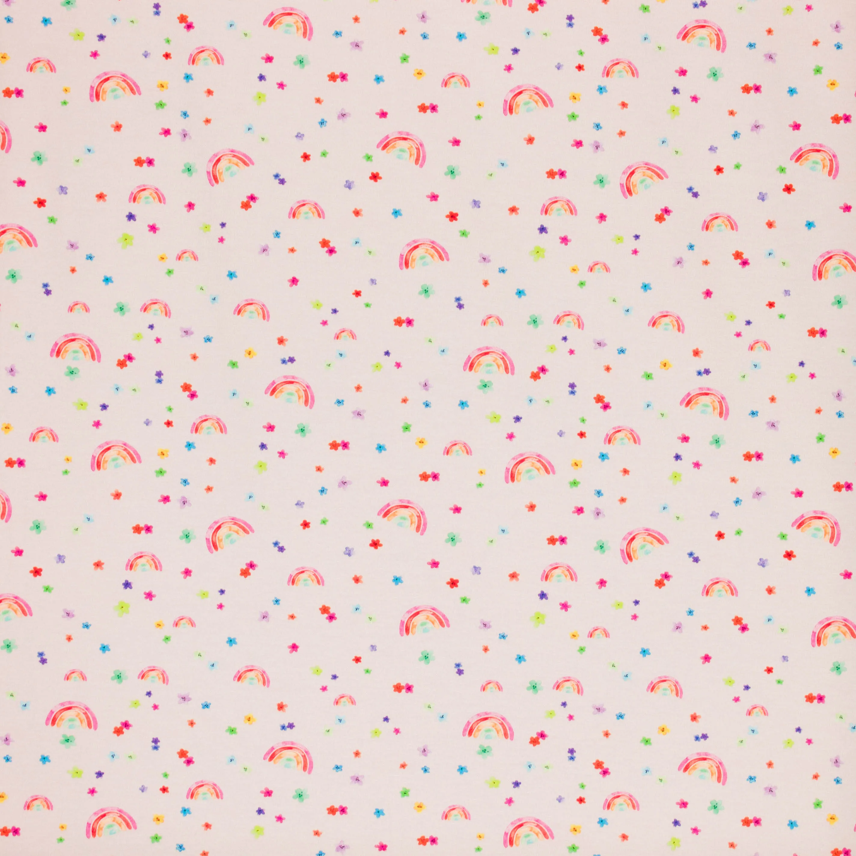Tricot lichtroze met regenboogjes en bloemetjes