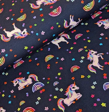 Tricot donkerblauw met eenhoorns en regenbogen