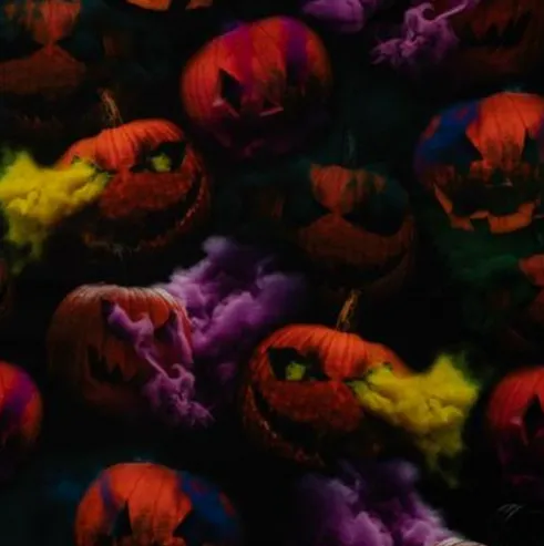 Tricot zwart met Jack-o'-lantern pompoenen