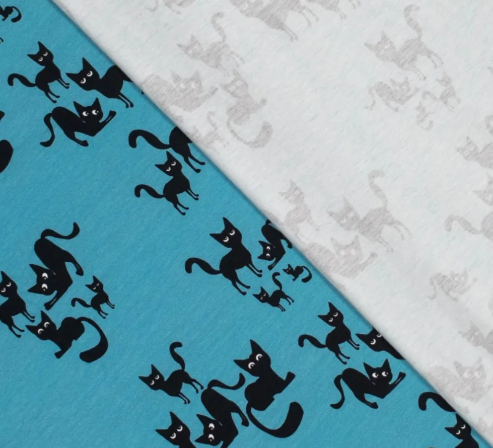Tricot blauw met zwarte katten