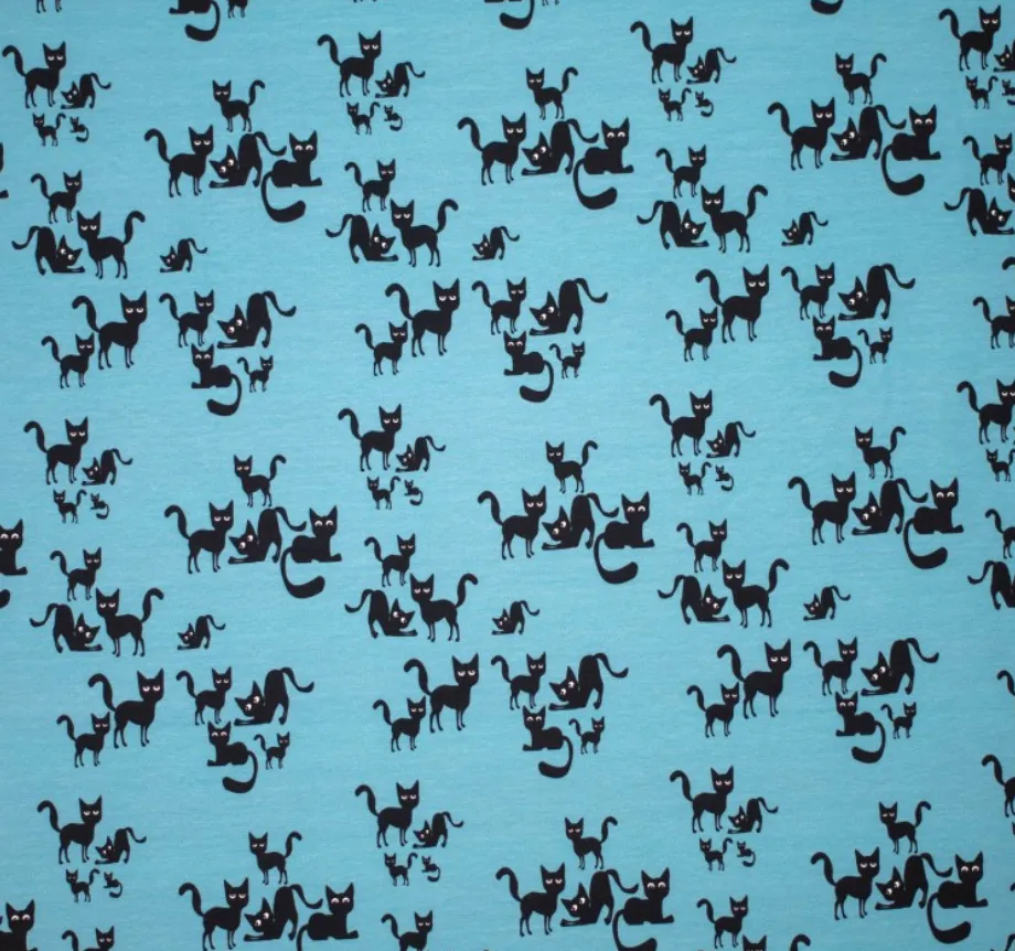 Tricot blauw met zwarte katten
