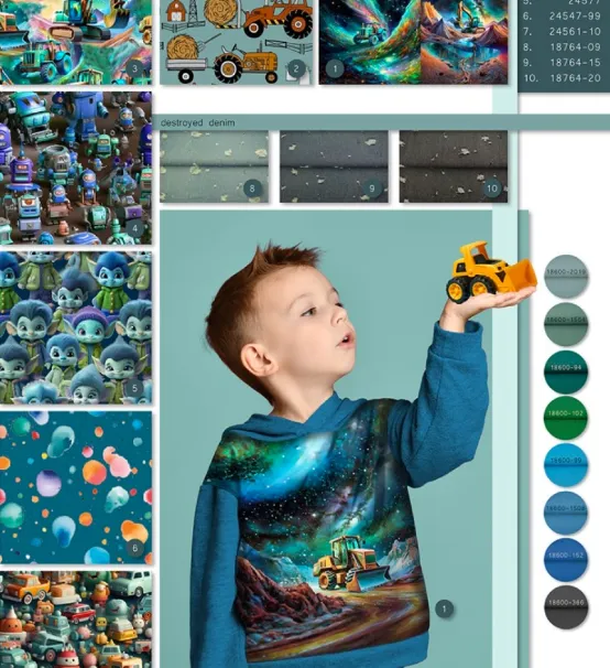 French terry blauw groen met graafmachines