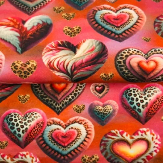 French terry roze 'Leopard's Hearts'