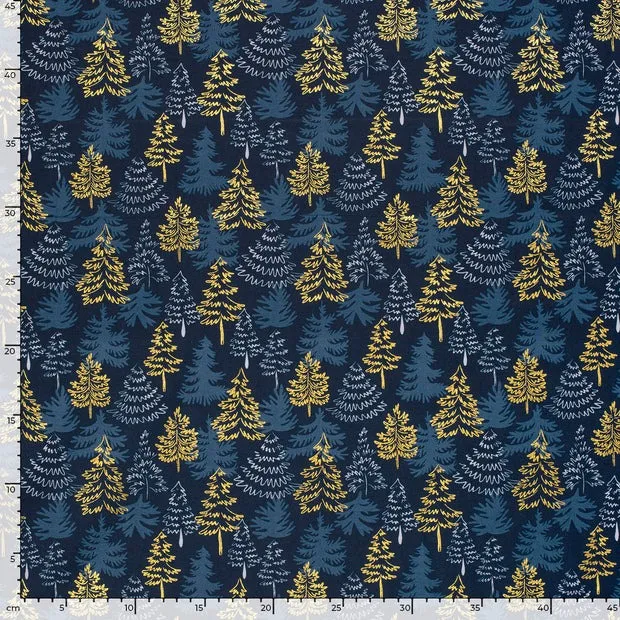 Katoen poplin marineblauw met kerstbomen goud folie