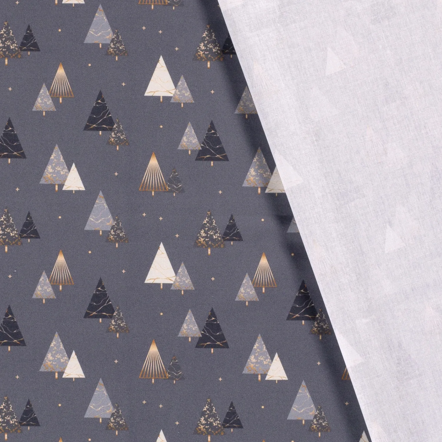 Katoen grijs met kerstbomen print en folie