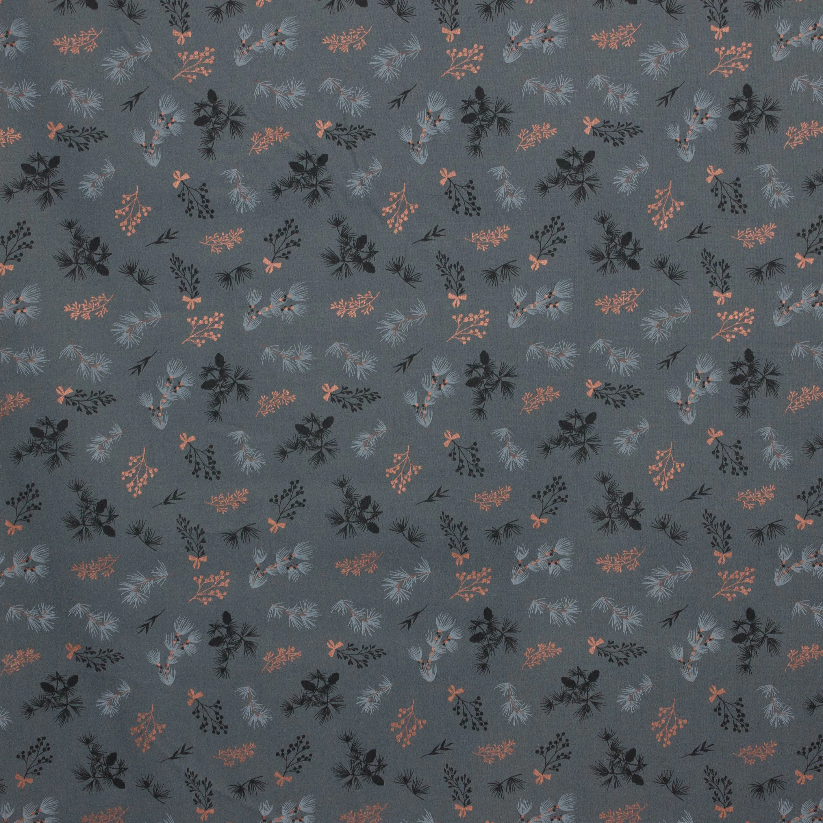Katoen grijs met kerstbloemen print en folie