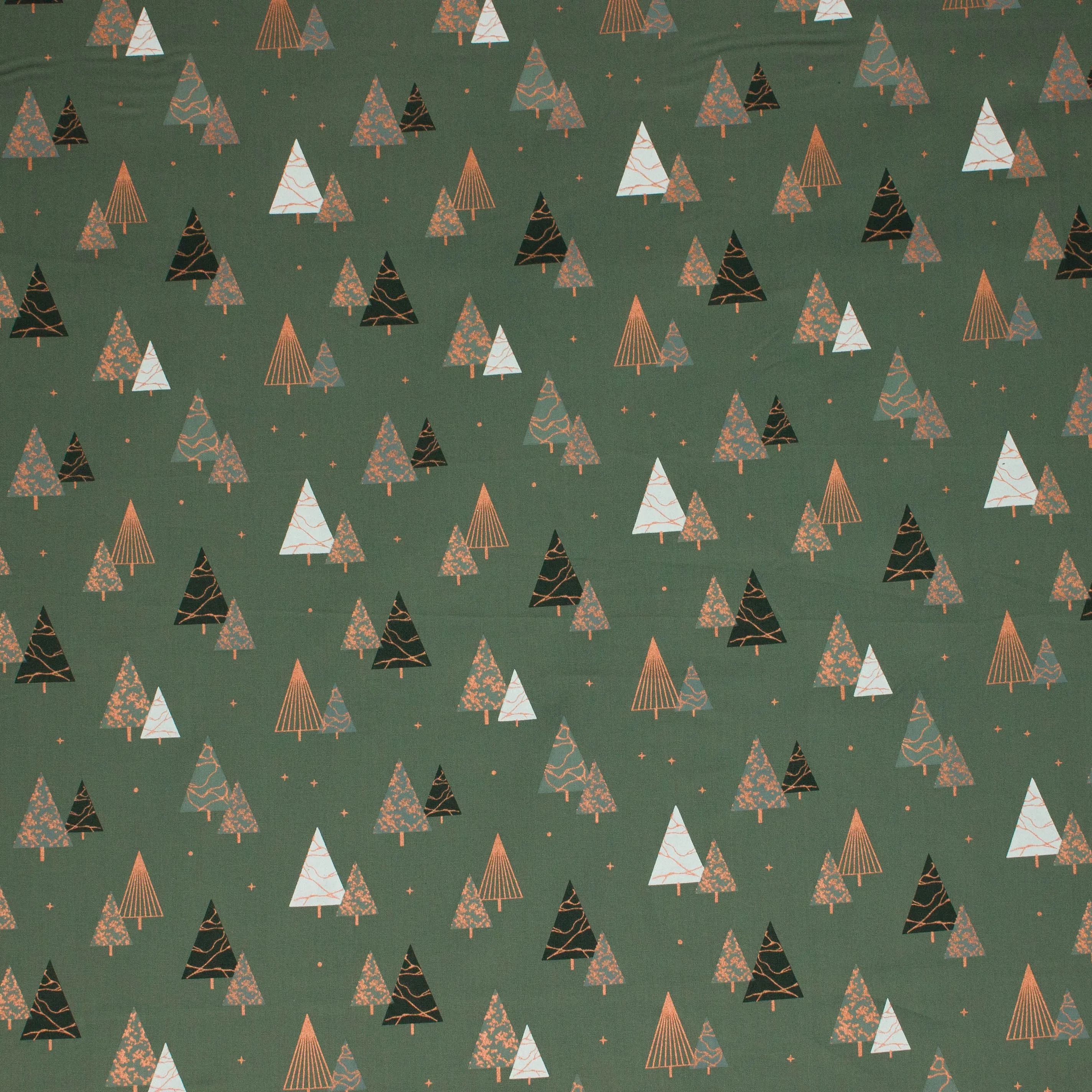 Katoen groen met kerstbomen print en folie