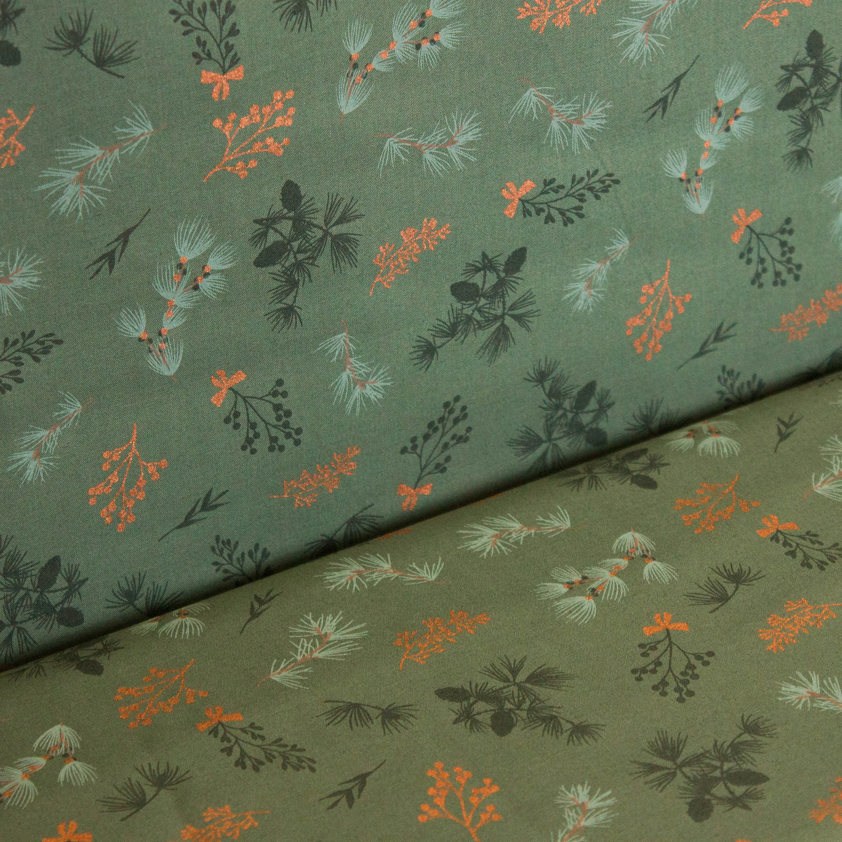 Katoen groen met kerstbloemen print en folie