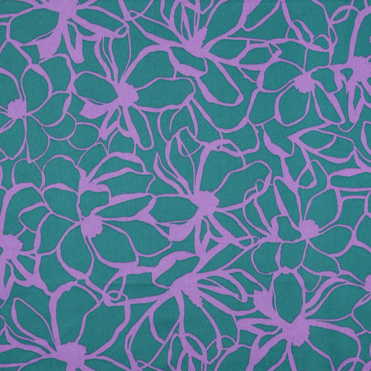Katoen satijn groen met lila bloemen - Nerida Hansen