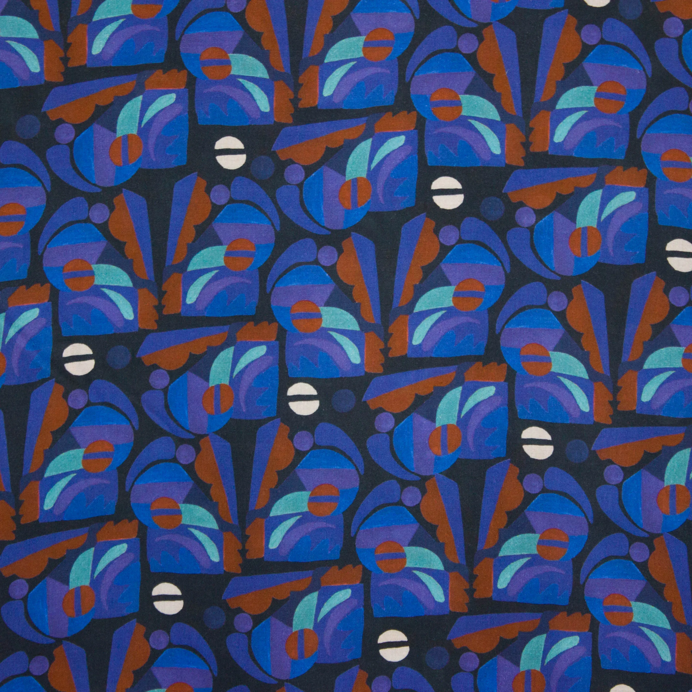 Katoen zwart met abstracte blauwe figuren