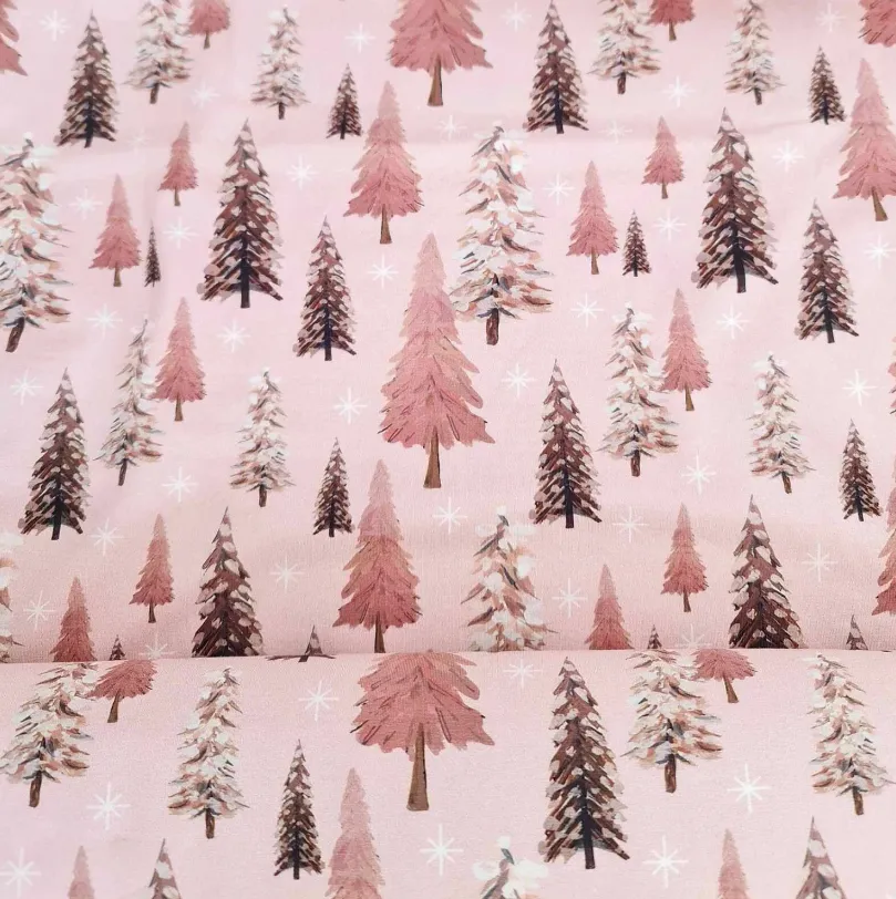 French terry roze met kerstbomen