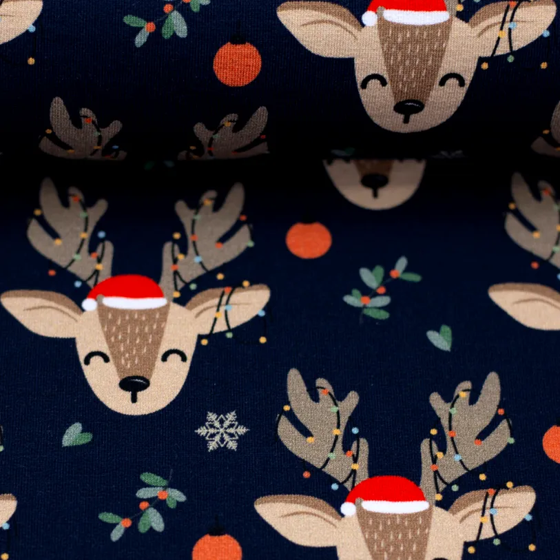 French terry donkerblauw met kerstfiguren
