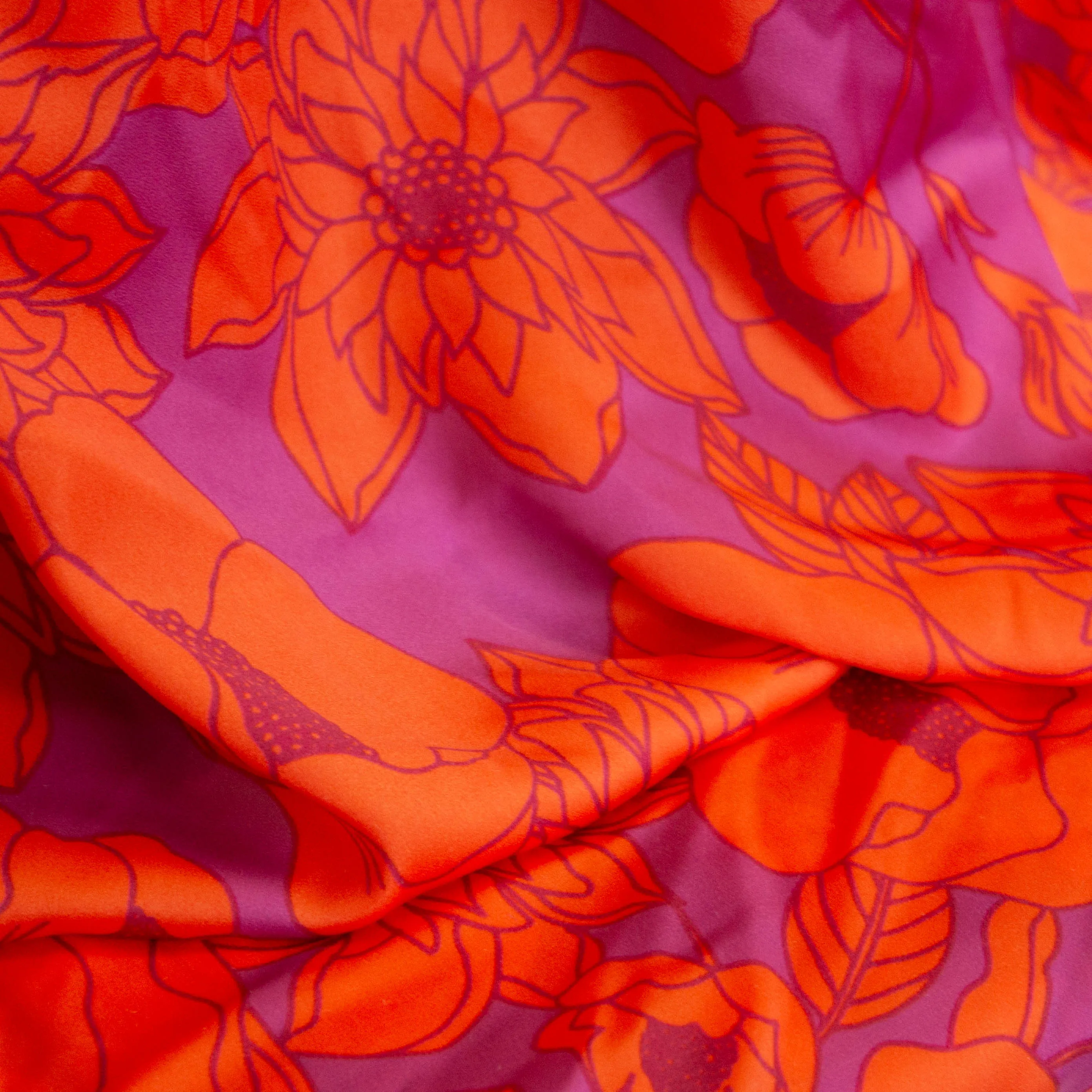 Satijn polyester paars met oranje bloemen