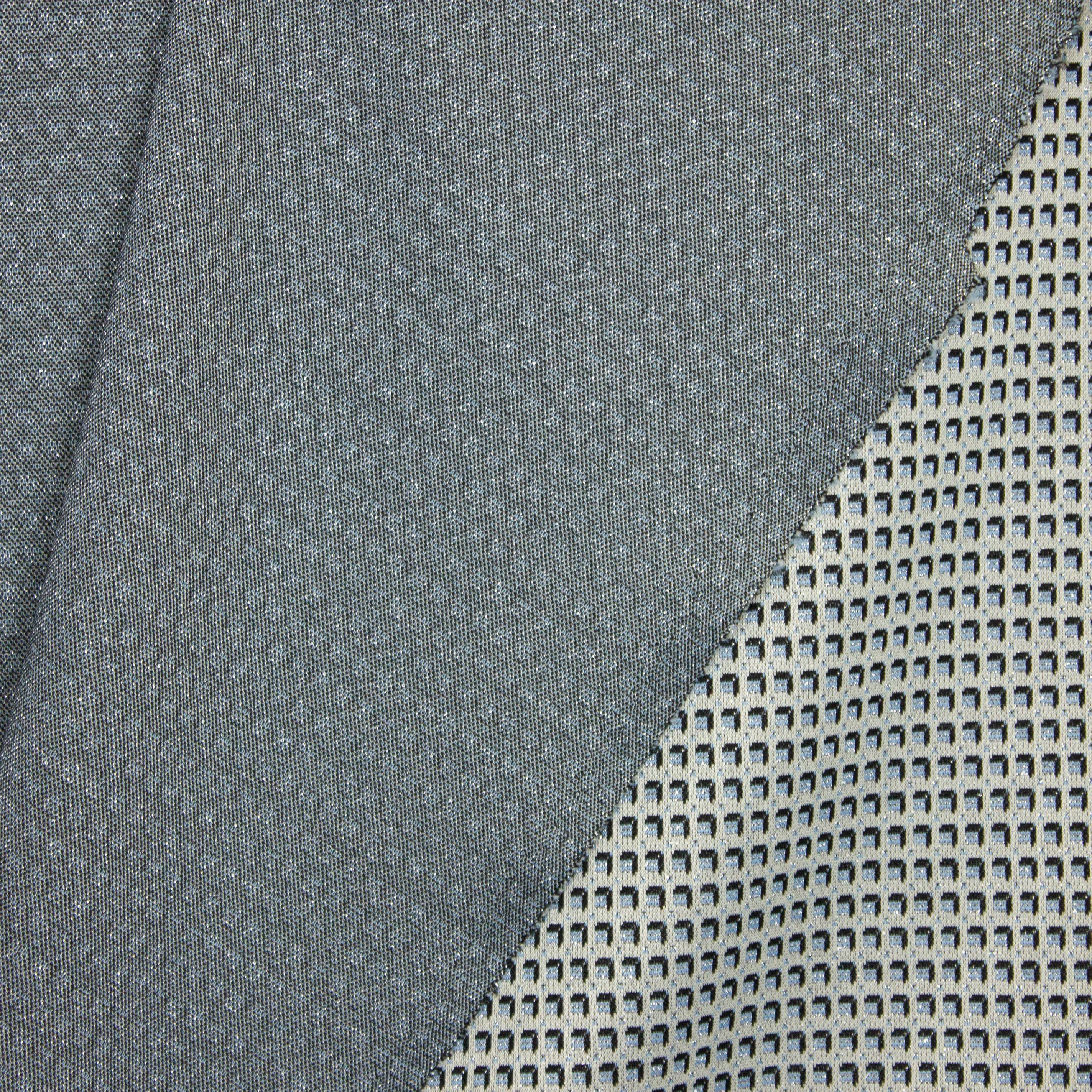 Tricot jacquard blauw blokjes met glinstering