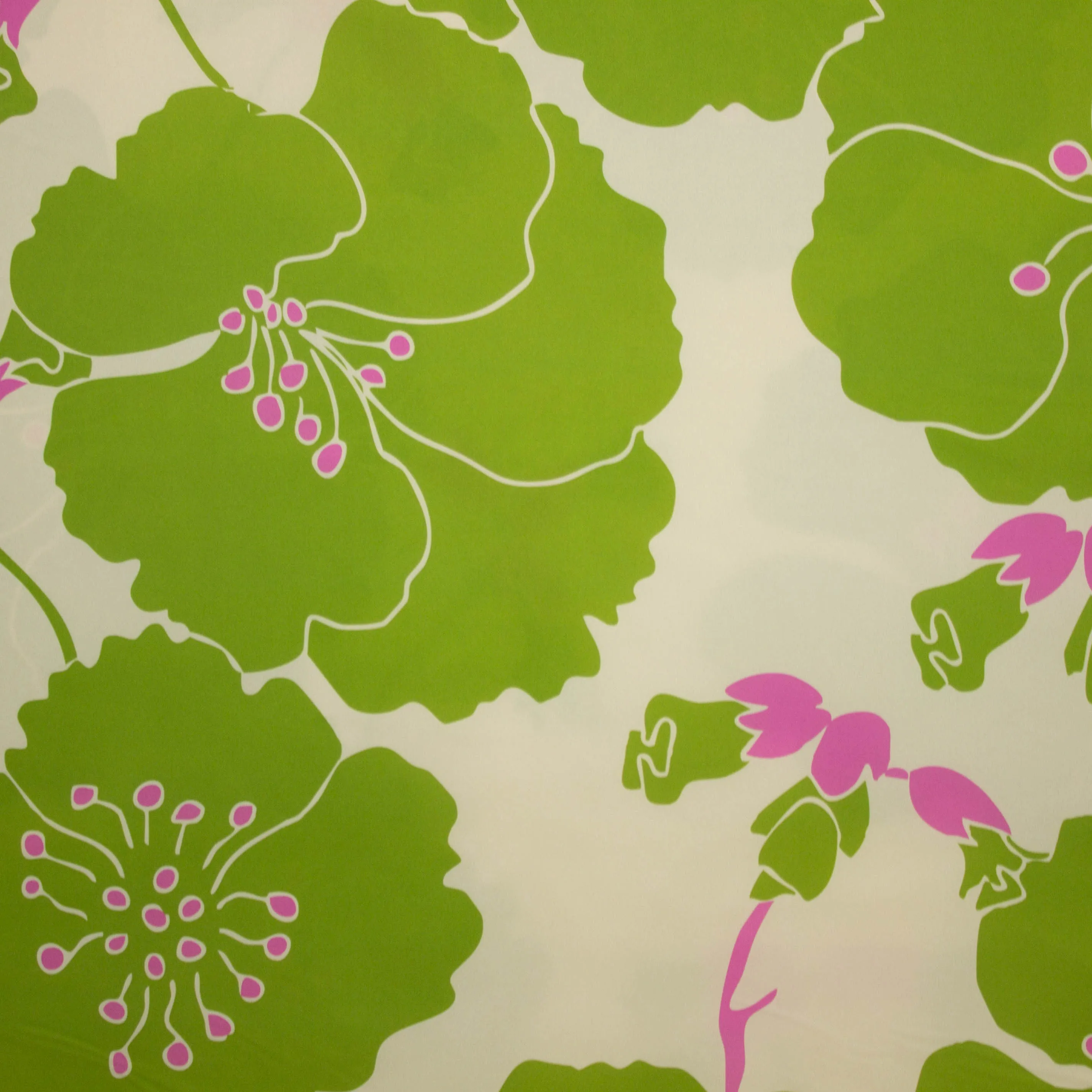 Satijn polyester lichtbeige met groene bloemen