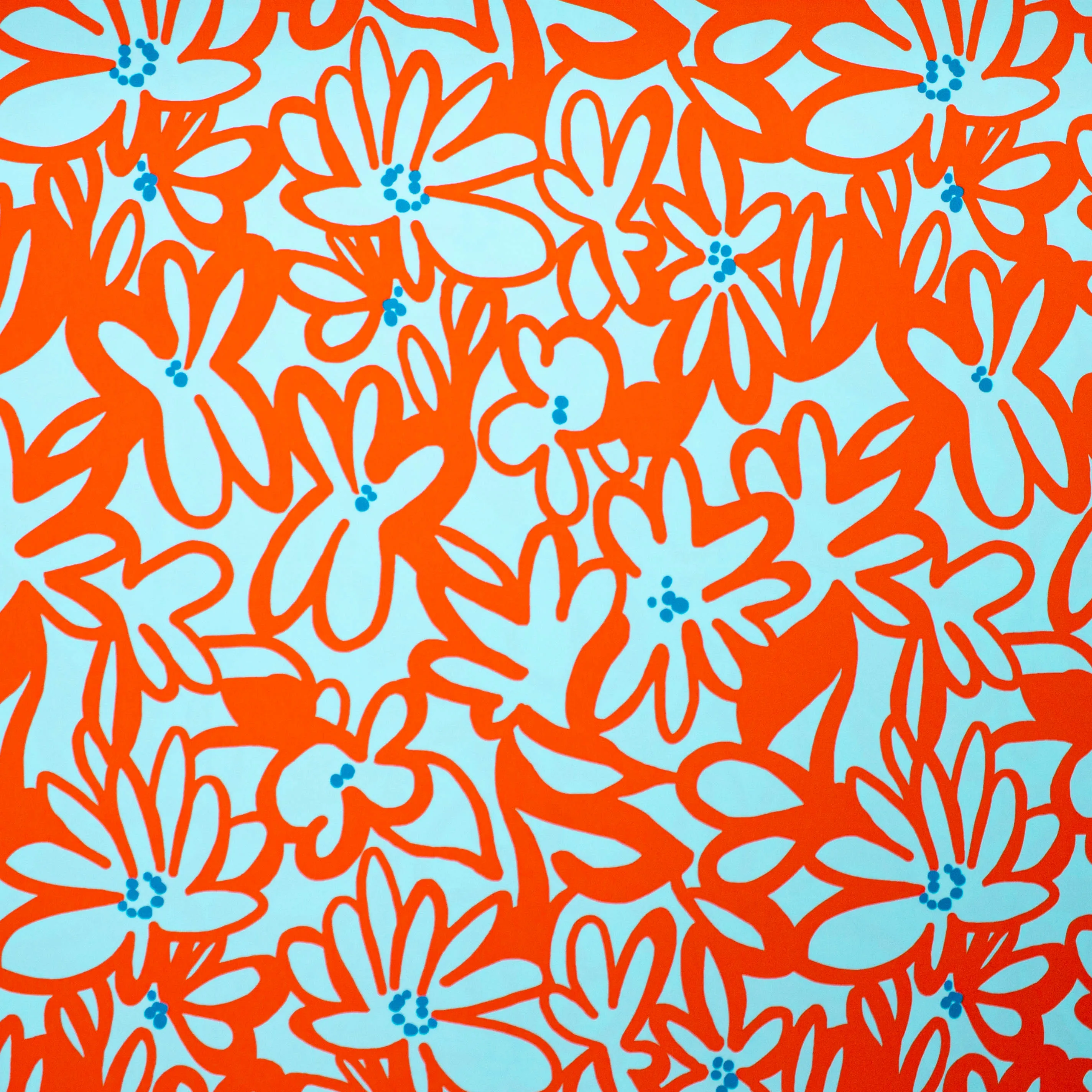 Polyamide tricot oranje me lichtblauwe bloemen - Katria