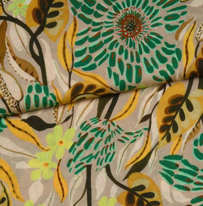 Linnen viscose bruin met abstracte bloemen  -  A La Ville