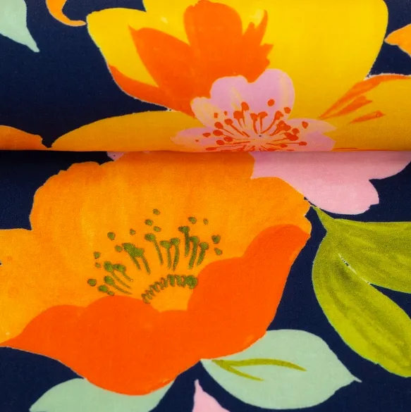 Viscose donkerblauw met felgekleurde bloemen
