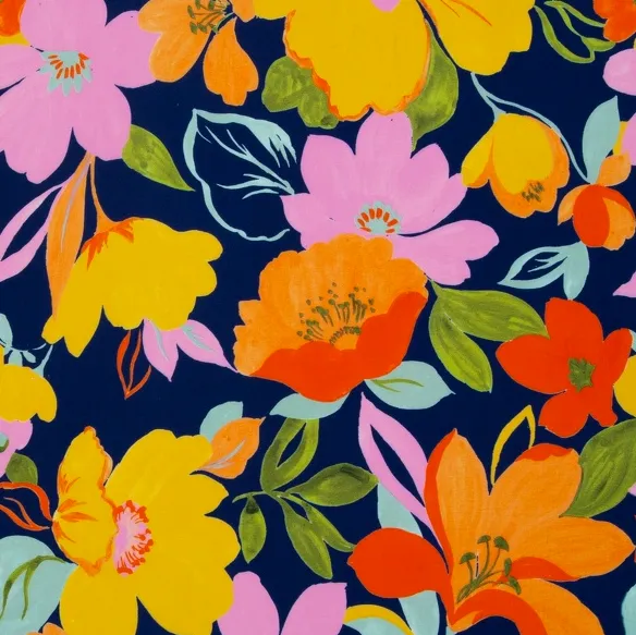 Viscose donkerblauw met felgekleurde bloemen