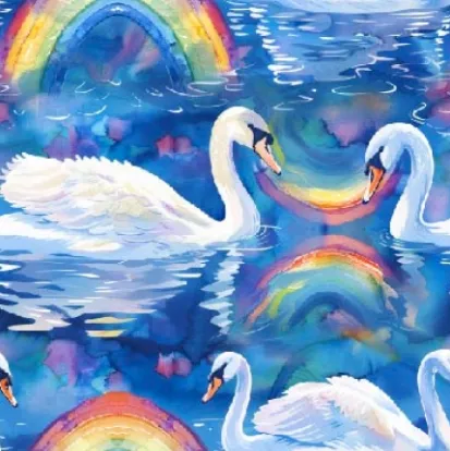 Tricot blauw met zwanen en regenbogen