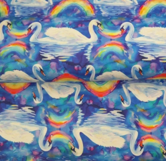 Tricot blauw met zwanen en regenbogen