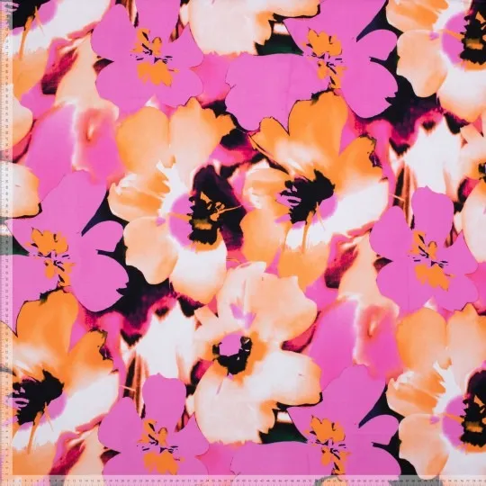 Viscose crêpe roos/oranje met bloemen