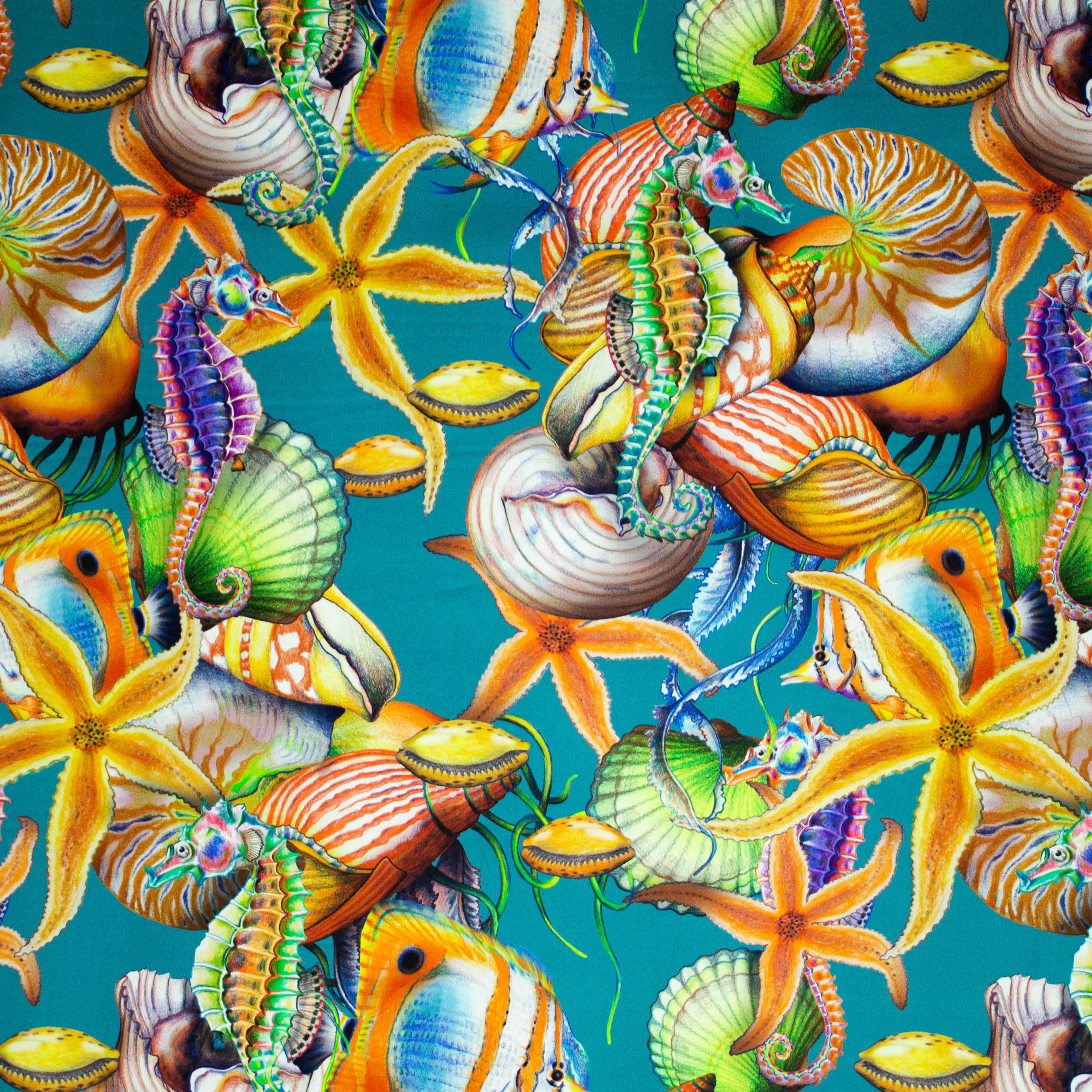 Katoen blauw met schelpen en vissen - Marylène Madou
