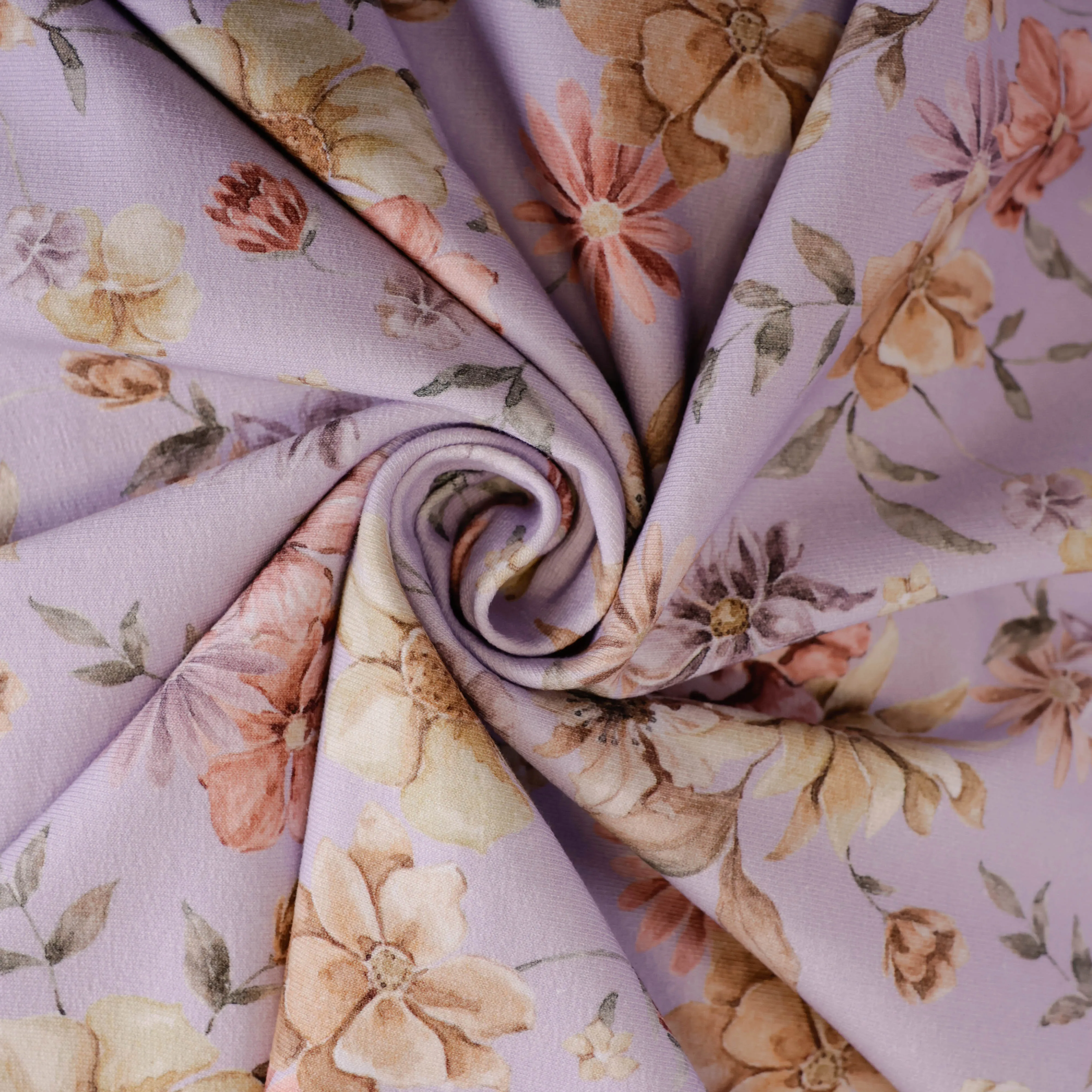 French terry lila met bloemen