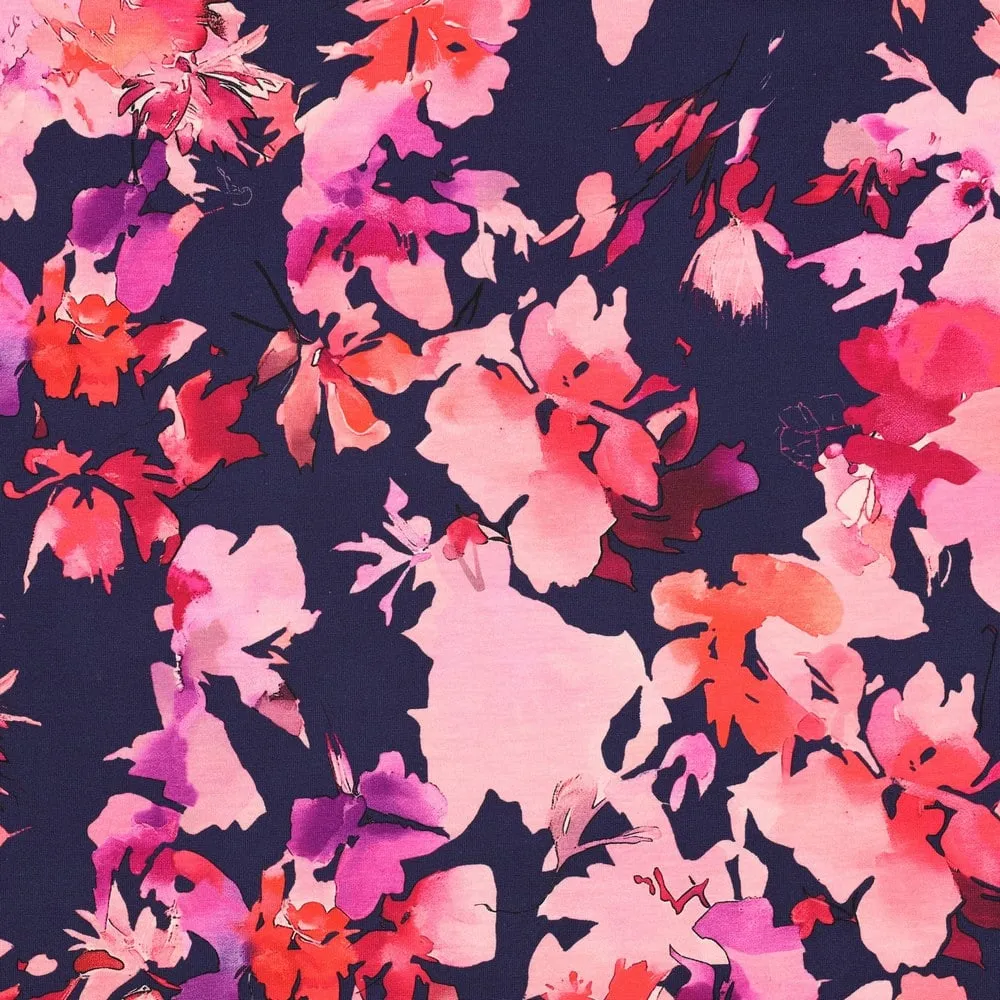 Tricot donkerblauw met roze bloemenprint - Poppy