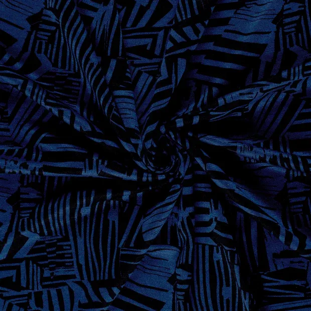Tricot zwart met blauw abstract patroon