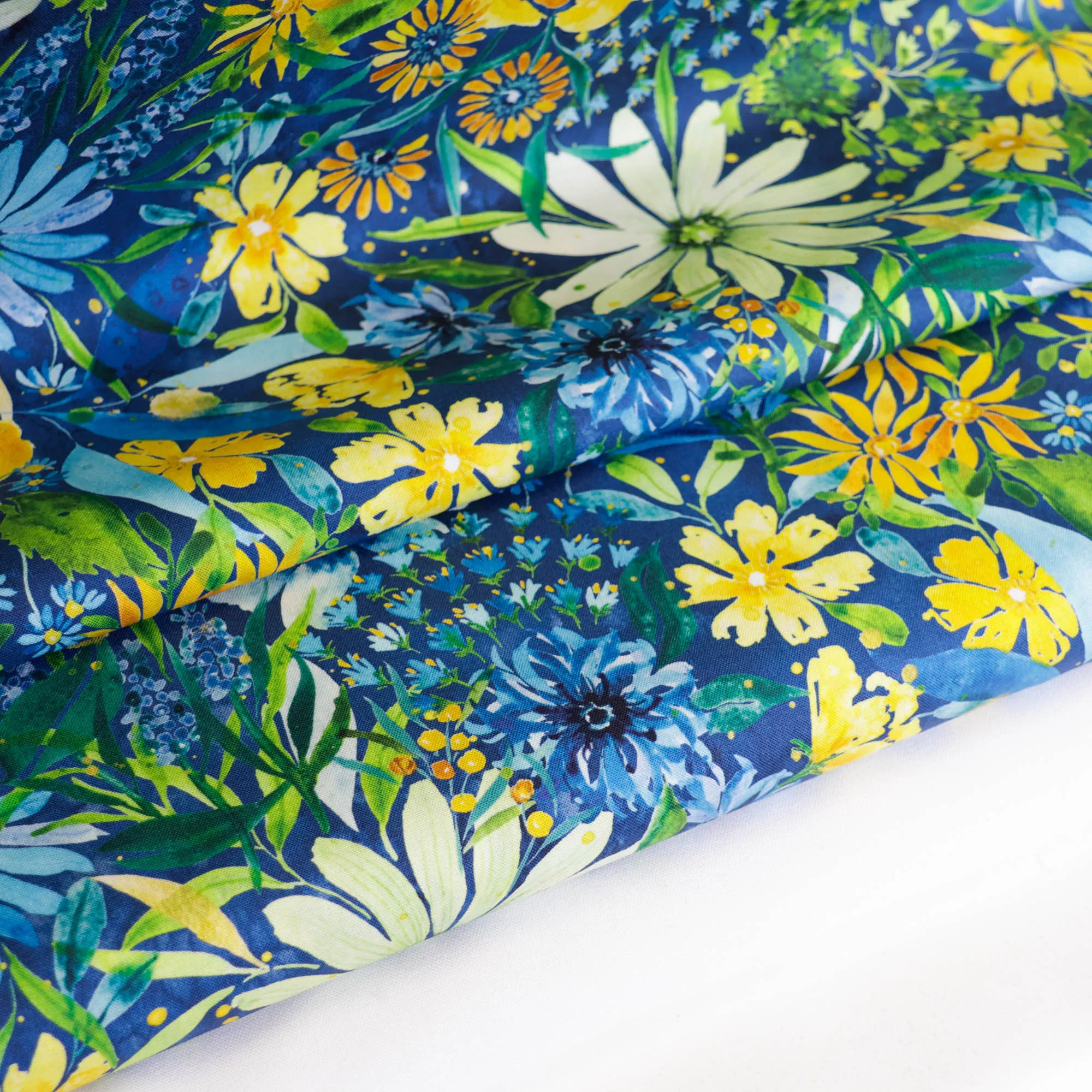 Katoen blauw met gele bloemen