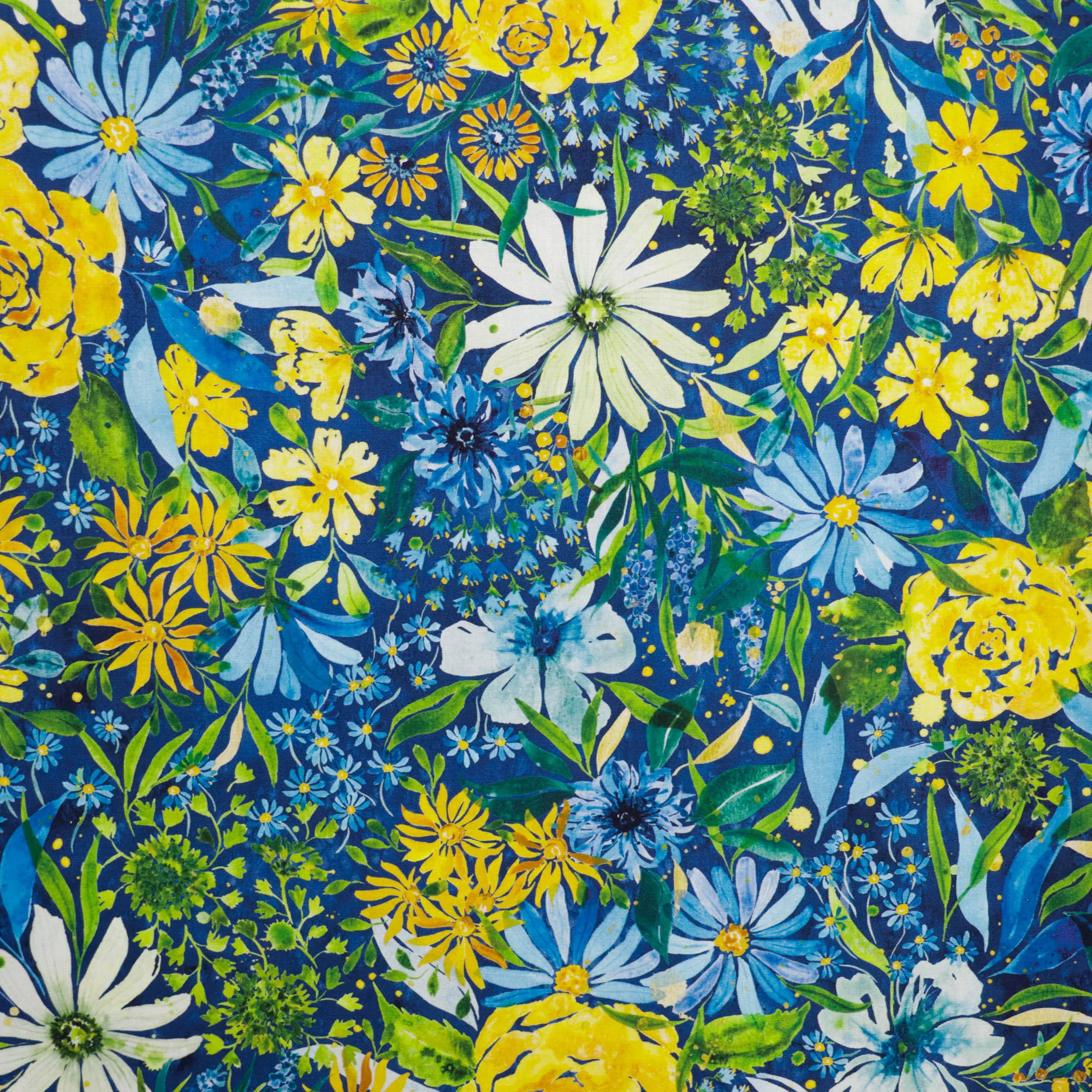 Katoen blauw met gele bloemen