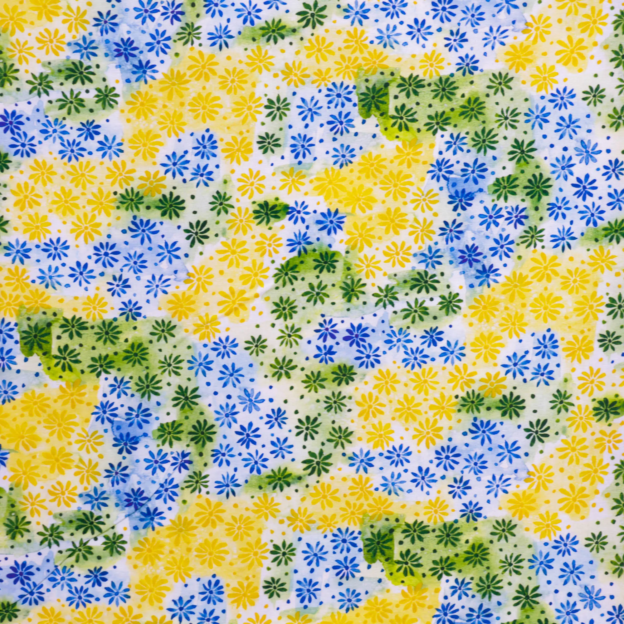 Katoen met blauw-geel-groene bloemetjes